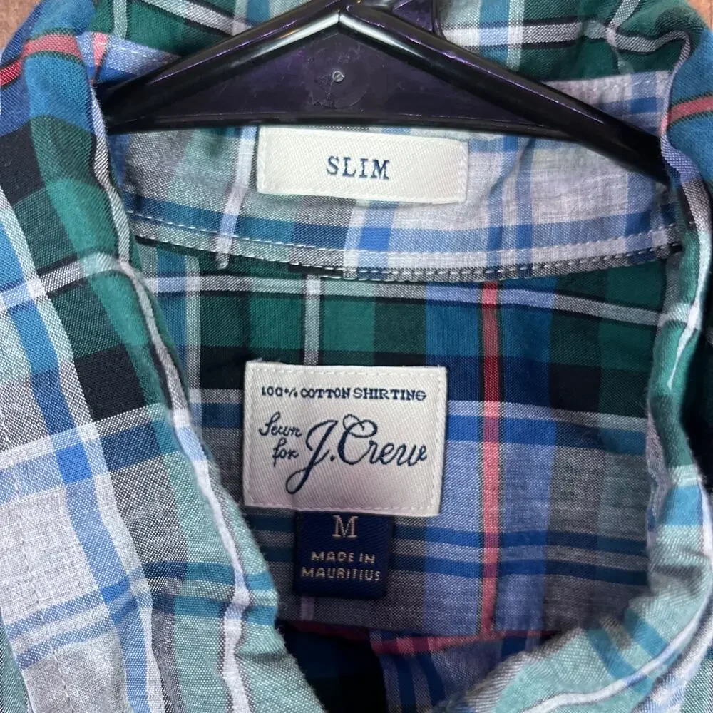 J Crew Mens Shirt Blue Green Gray Red Plaid Slim Fit Collared Button Down Medium